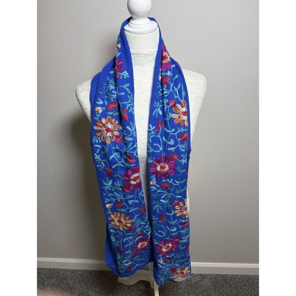 The Unbranded Brand Accessories - Embroidered Floral Blue Boho Scarf Shawl Wrap~36" x 64"~Soft Gypsy Festival